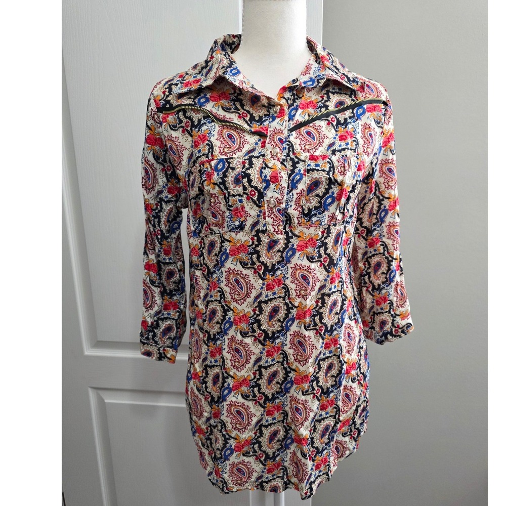 Runway Paris Womens Paisley Floral Cotton 3/4 Sleeve‎ Henley Top Western Office